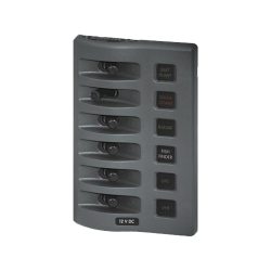 Panel 6 interruptores 4306-BSS de Blue Sea Systems WeatherDeck protección por fusible.