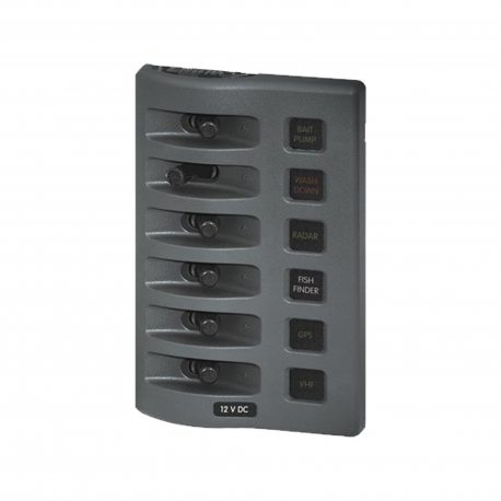 Panel 6 interruptores 4306-BSS de Blue Sea Systems WeatherDeck protección por fusible.