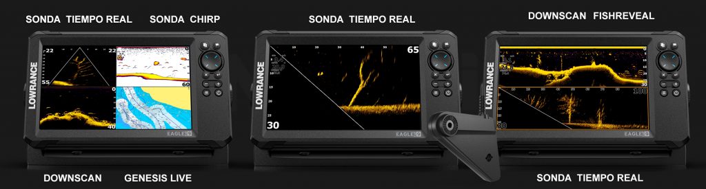 Tres pantallas de Lowrance Eagle Eye 9 mostrando sus combinaciones de vista: Sonda en tiempo real, CHIRP, DownScan con FishReveal y cartografía Genesis Live simultáneamente.