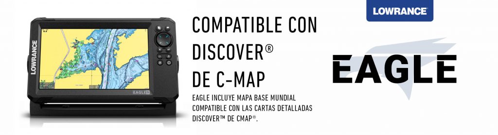 Pantalla de Lowrance Eagle Eye 9 mostrando carta de navegación detallada, compatible con mapas C-MAP Discover y función Genesis Live.