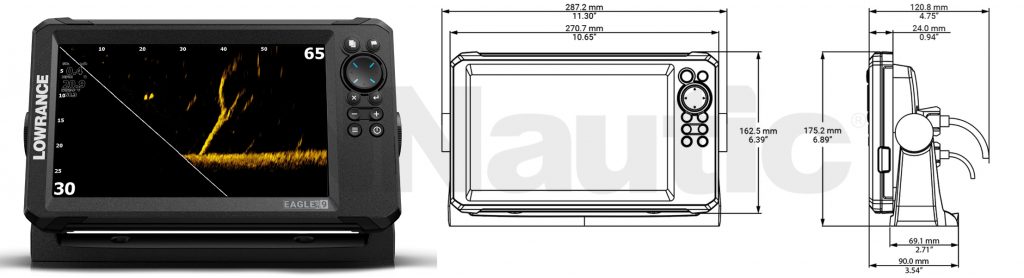 Plano técnico con las dimensiones exactas (ancho, alto y profundidad) de la pantalla Lowrance Eagle Eye 9 y su soporte de montaje en milímetros y pulgadas.