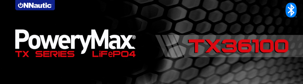 Banner oficial de la batería de litio LiFePO4 PoweryMax TX36100 de ONNautic con conectividad Bluetooth.
