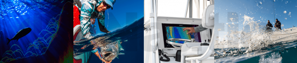 Collage de imágenes de pesca deportiva mostrando marcas de peces en la sonda, un pescador con su captura, el uso de un chartplotter en la consola del barco y acción de pesca en el mar