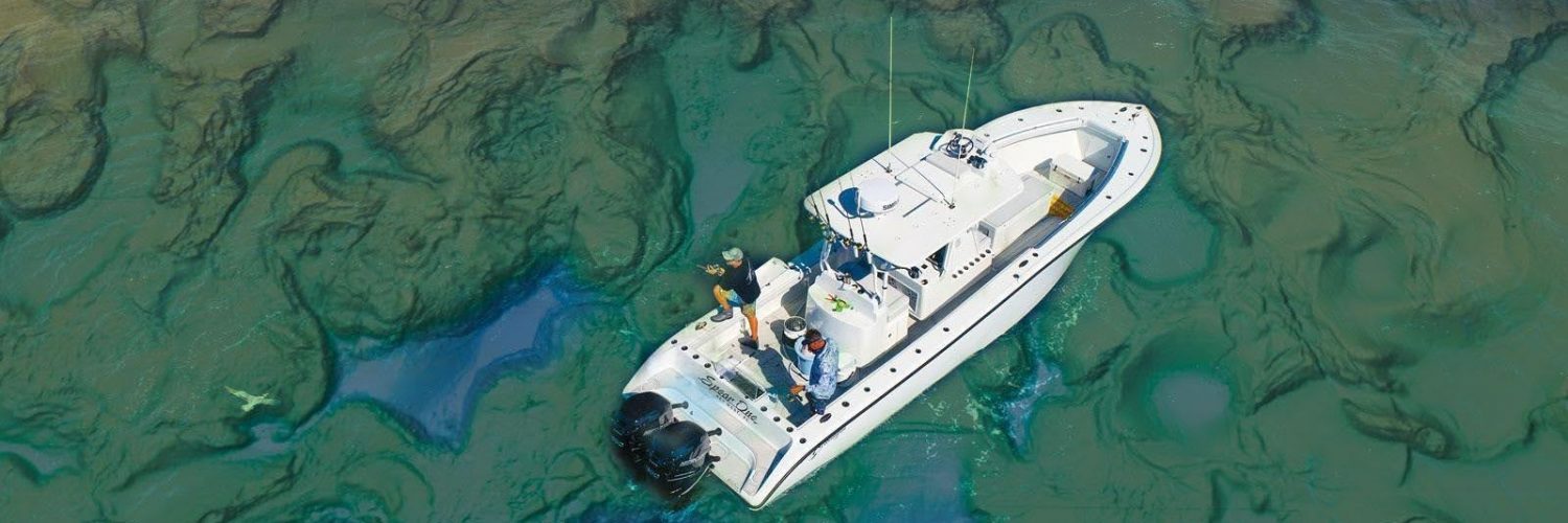 Vista aérea de un barco de pesca navegando sobre un fondo marino con relieve muy detallado, ilustrando la importancia de interpretar correctamente las estructuras del fondo con cartografía de alta resolución.