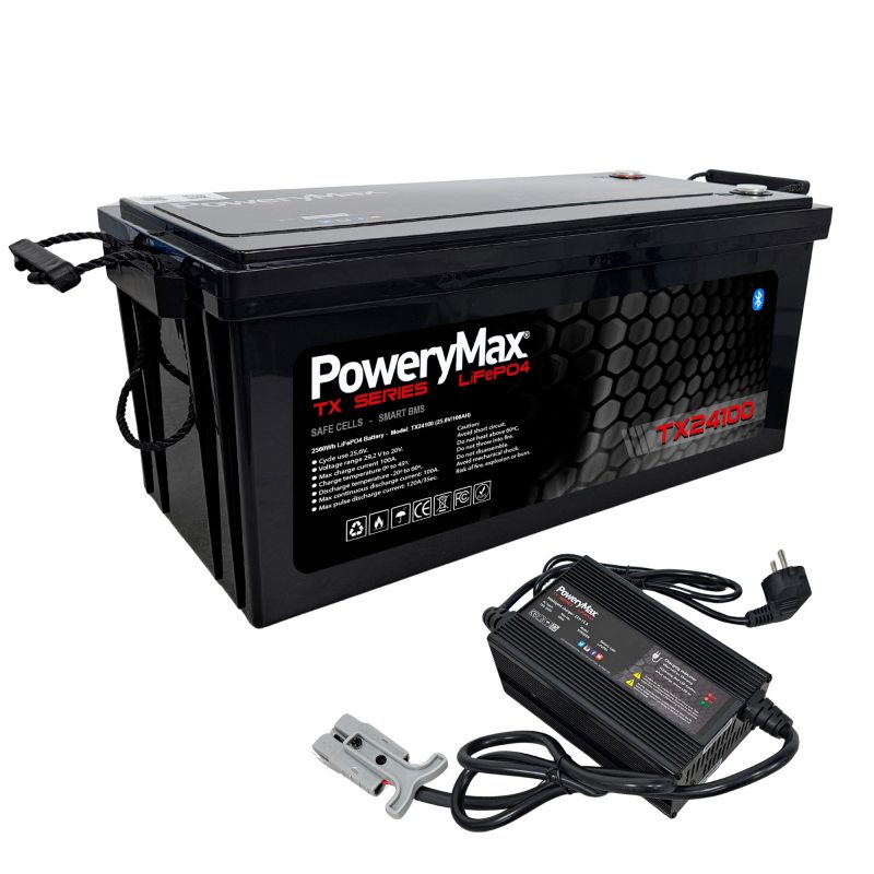 Batería de litio LiFePO4 PoweryMax TX24100 de 24V y 100Ah con cargador inteligente oficial para pesca.