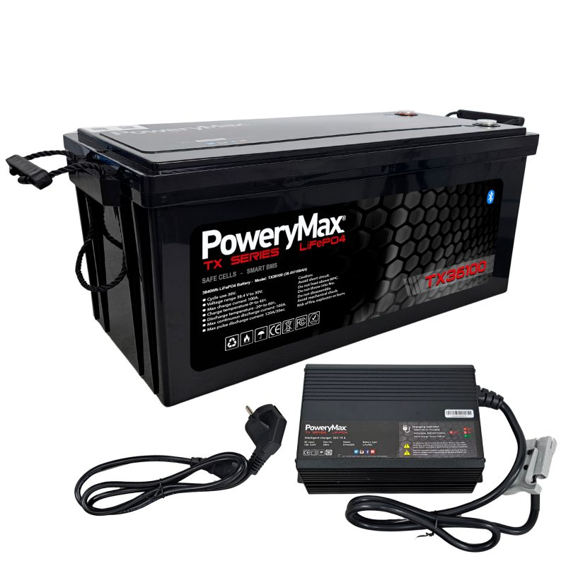 Batería de litio LiFePO4 PoweryMax TX36100 de 36V y 100Ah con cargador inteligente oficial incluido para motores de alta potencia.