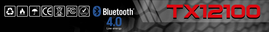 Iconos de certificaciones técnicas y conectividad Bluetooth 4.0 Low Energy de la batería LiFePO4 PoweryMax TX12100.