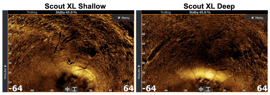 Comparativa de dos capturas de pantalla de la sonda Lowrance ActiveTarget 2 XL en modo Scout. A la izquierda se muestra la vista 'Scout XL Shallow' para aguas poco profundas, y a la derecha la vista 'Scout XL Deep' para mayor profundidad, ambas utilizando la paleta de colores ámbar