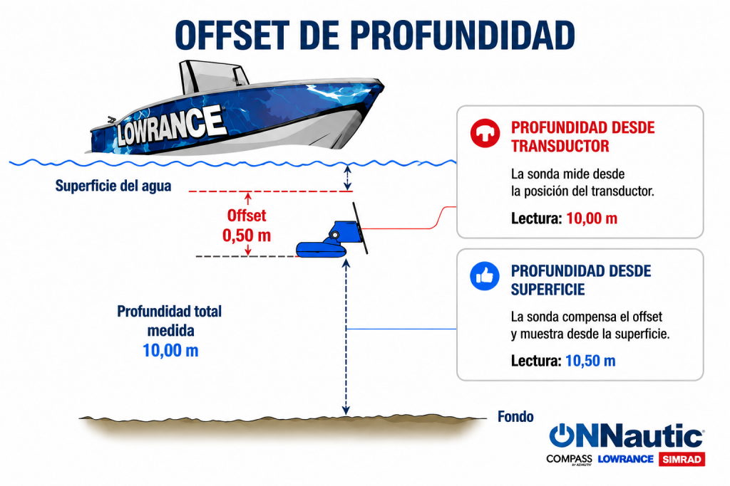 Ejemplo de configuración del offset de profundidad en una sonda Lowrance