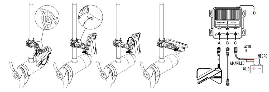 Diagrama técnico de instalación del Lowrance ActiveTarget 2 XL. A la izquierda, los cuatro pasos para ajustar y rotar el soporte del transductor en el eje. A la derecha, el esquema de cableado mostrando las conexiones al módulo y a la batería con los cables diferenciados por colores.