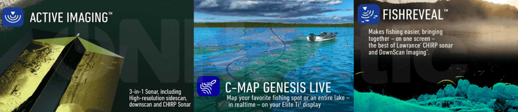 Resumen de tecnologías clave de Lowrance: Active Imaging para estructuras, C-MAP Genesis Live para batimetría en tiempo real y FishReveal para identificación de peces.