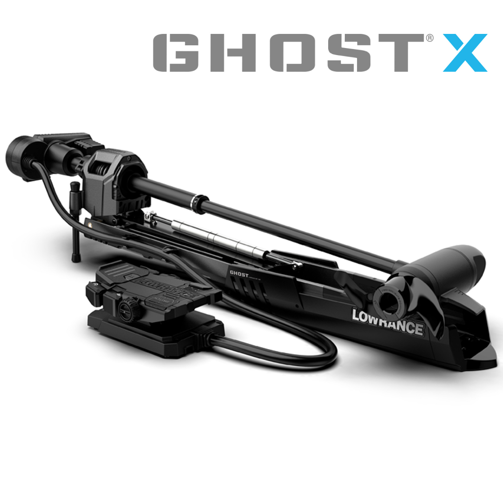 Vista completa del motor eléctrico Lowrance Ghost X de 47 pulgadas plegado, incluyendo pedal de control y soporte de montaje.