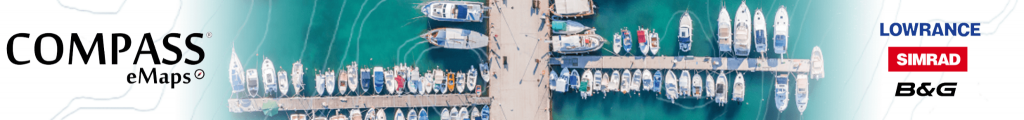 Banner de la cartografía náutica Compass eMaps mostrando su compatibilidad con equipos de electrónica Lowrance, Simrad y B&G