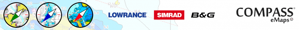 Banner de la cartografía náutica Compass eMaps mostrando su compatibilidad con equipos de electrónica Lowrance, Simrad y B&G