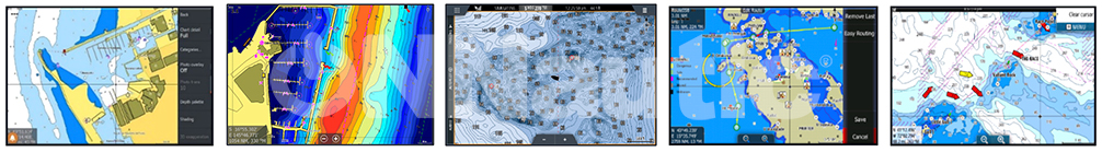 Mosaico de cinco pantallas mostrando las diferentes funciones de la cartografía C-MAP, incluyendo gráficos vectoriales de puertos, sombreado de profundidad personalizado, relieves detallados y planificación de rutas.