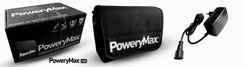 Contenido del kit PoweryMax PX25: caja, funda de transporte impermeable y cargador inteligente para batería de sonda.