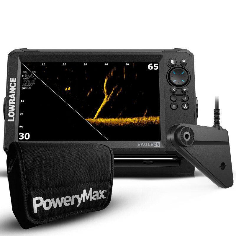Pack completo que incluye la sonda Lowrance Eagle Eye 9 con su pantalla mostrando una imagen de sonar, el transductor y la bolsa de la batería de litio PoweryMax PX25.