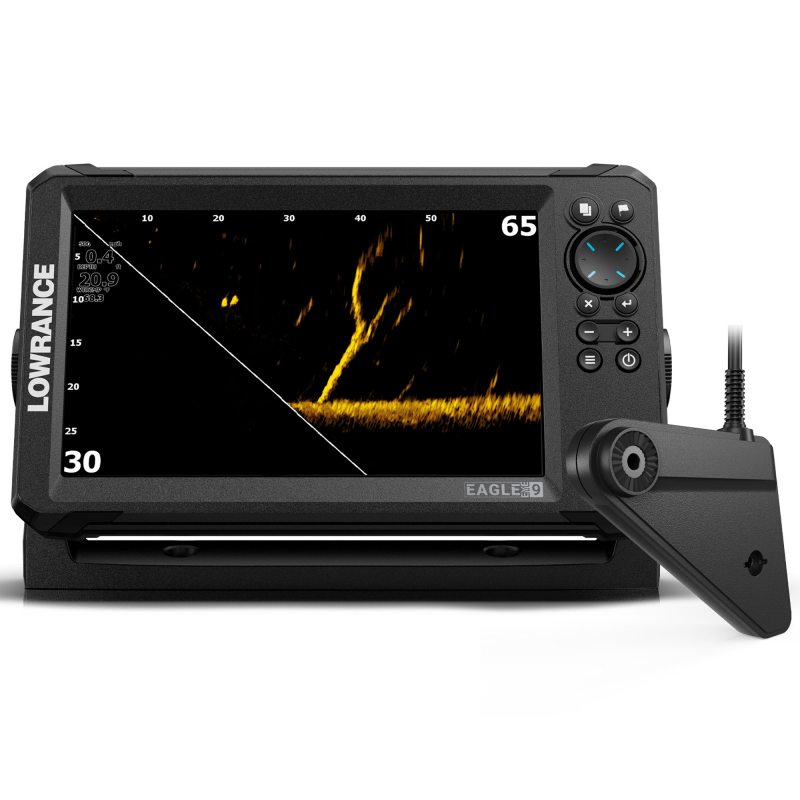 Unidad principal y transductor de la sonda GPS plotter Lowrance Eagle Eye 9 con pantalla de 9 pulgadas, mostrando una vista detallada de DownScan Imaging sobre fondo blanco.