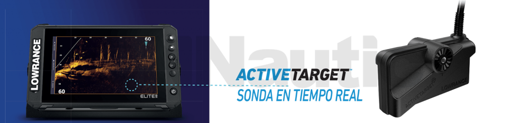 Pantalla Lowrance Elite FS 9 mostrando imágenes en vivo con el transductor ActiveTarget Live Sonar para ver la reacción de los peces al señuelo.