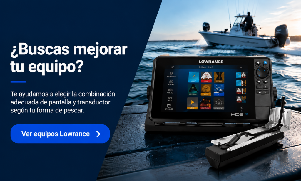 pantalla de sonda Lowrance HDS Live con transductor sobre embarcación de pesca.