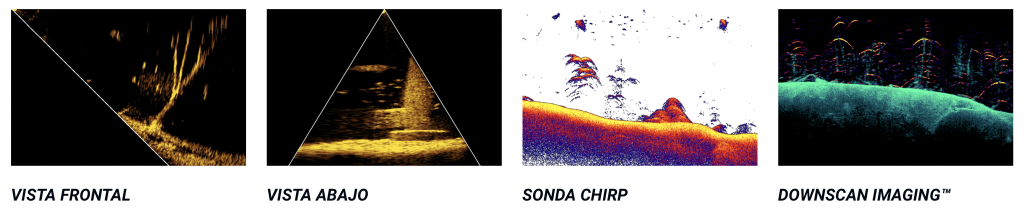 Comparativa de los 4 modos de visión de la Lowrance Eagle Eye 9: Vista Frontal, Vista Abajo, Sonda CHIRP tradicional y DownScan Imaging con alta definición.