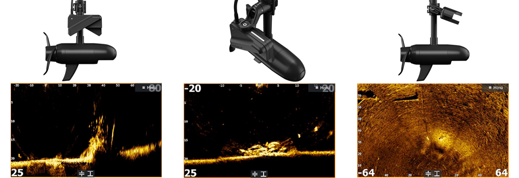 Composición gráfica que muestra las tres posiciones del transductor Lowrance ActiveTarget 2 XL en el motor eléctrico emparejadas con sus correspondientes capturas de pantalla de la sonda en modo Frontal, Abajo y Scout.