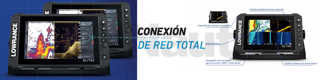 Esquema de conexión de red total de la Lowrance Elite FS 9 Black, destacando la conectividad Ethernet, NMEA2000 y pantalla multitáctil de alta resolución.