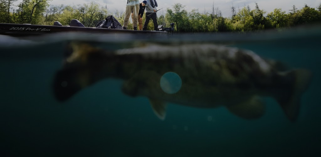 Pescadores en una embarcación sobre un gran pez visible bajo el agua, imagen de portada que ilustra el objetivo de la sonda Lowrance Elite FS 9 Black Edition.