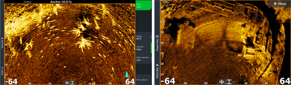Doble captura de pantalla de la sonda Lowrance ActiveTarget 2 XL en modo Scout utilizando la paleta ámbar. Se aprecia una vista aérea amplia que detalla árboles sumergidos, bancos de peces y estructuras complejas en el fondo.
