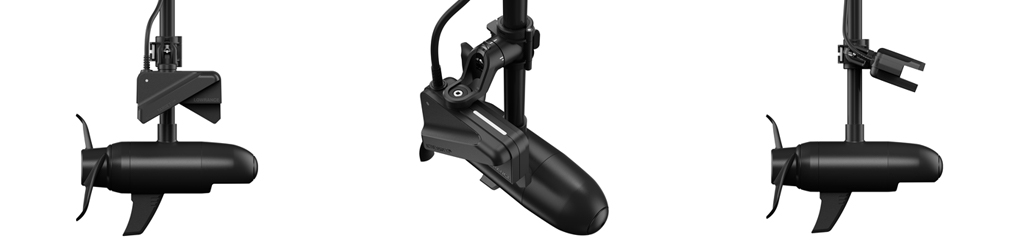 Tres posiciones diferentes del transductor Lowrance ActiveTarget 2 XL montado en el eje de un motor eléctrico, mostrando cómo se ajusta el soporte para cambiar entre las vistas Frontal, Abajo y Scout.