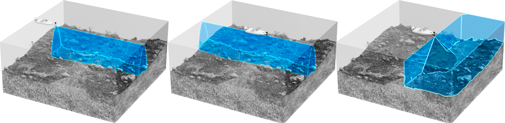Diagrama 3D bajo el agua mostrando los tres modos de lectura del ActiveTarget 2 XL: Frontal (Forward) para ver hacia delante, Abajo (Down) para precisión vertical, y Scout para una vista superior en abanico.