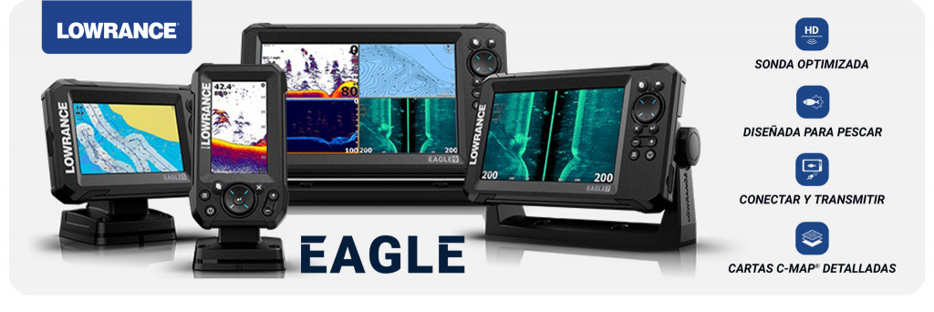 Gama de sondas GPS plotter Lowrance Eagle con cartografia C-MAP para pesca deportiva en kayak o embarcacion
