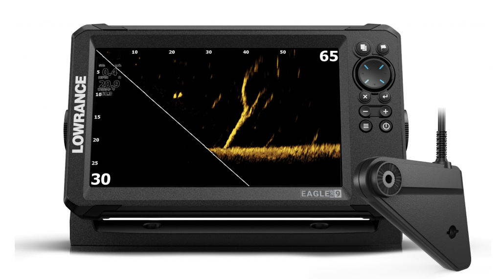 Sonda Lowrance Eagle Eye 9 con pantalla de alta visibilidad y su transductor Live Sonar, mostrando gráficos de escaneo en tiempo real.