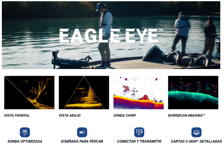 Vistas de sonar en tiempo real frontal y abajo con sondas CHIRP y DownScan de Lowrance Eagle Eye 9
