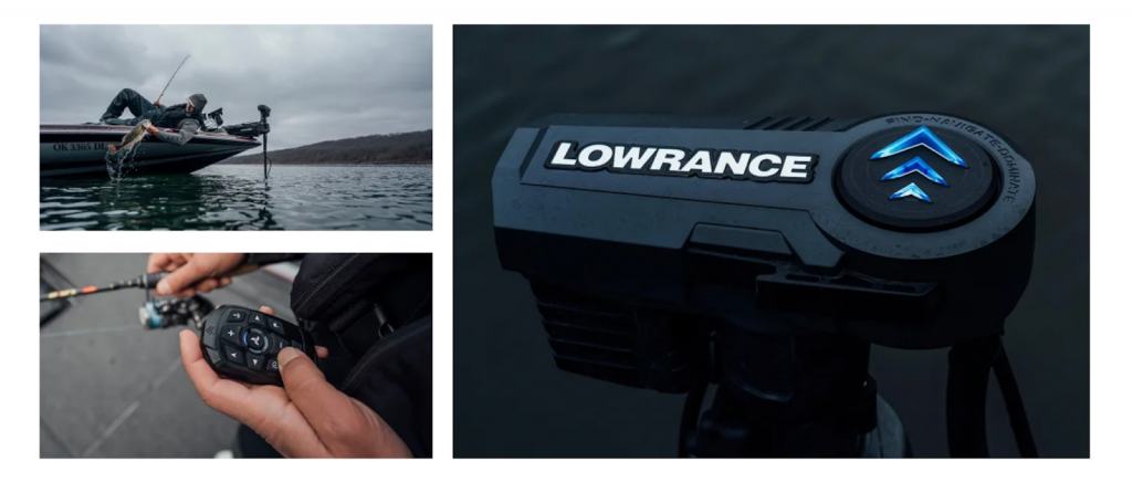 Infografía del Lowrance Ghost X en acción: pescador en barco mostrando las cuatro ventajas clave: precisión inigualable, potencia mejorada un 20%, diseño silencioso y control superior