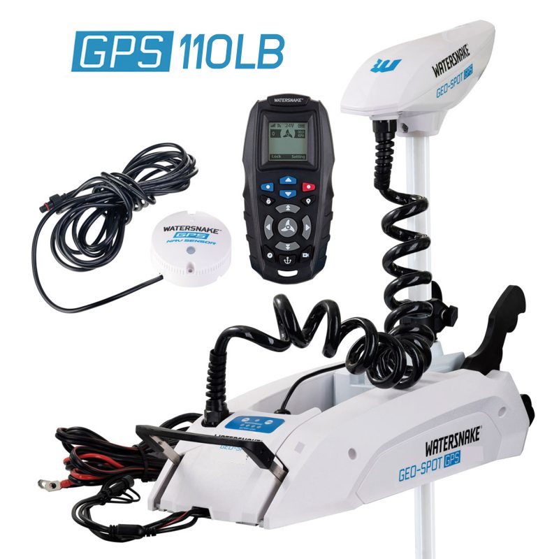 Motor eléctrico de proa Watersnake Geo-Spot GPS de 110lb y 36V en color blanco, mostrado junto a su mando a distancia y el Nav Sensor.