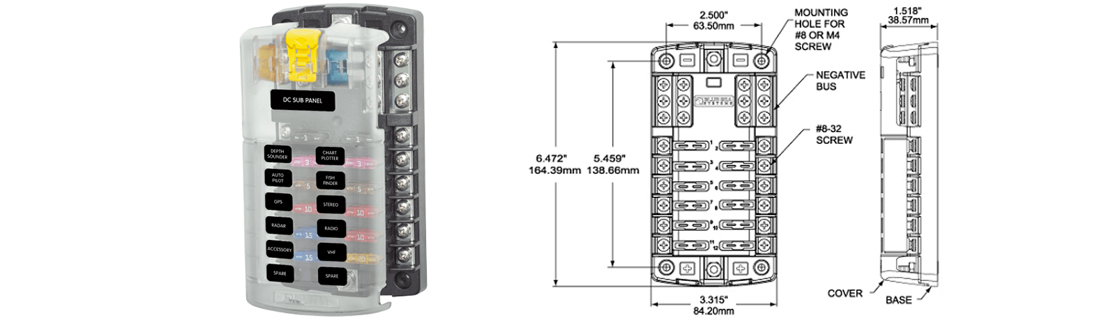 Dimensiones Caja de fusibles Blue Sea Systems circuitos con negativo y tapa 5026-BSS. ONNautic