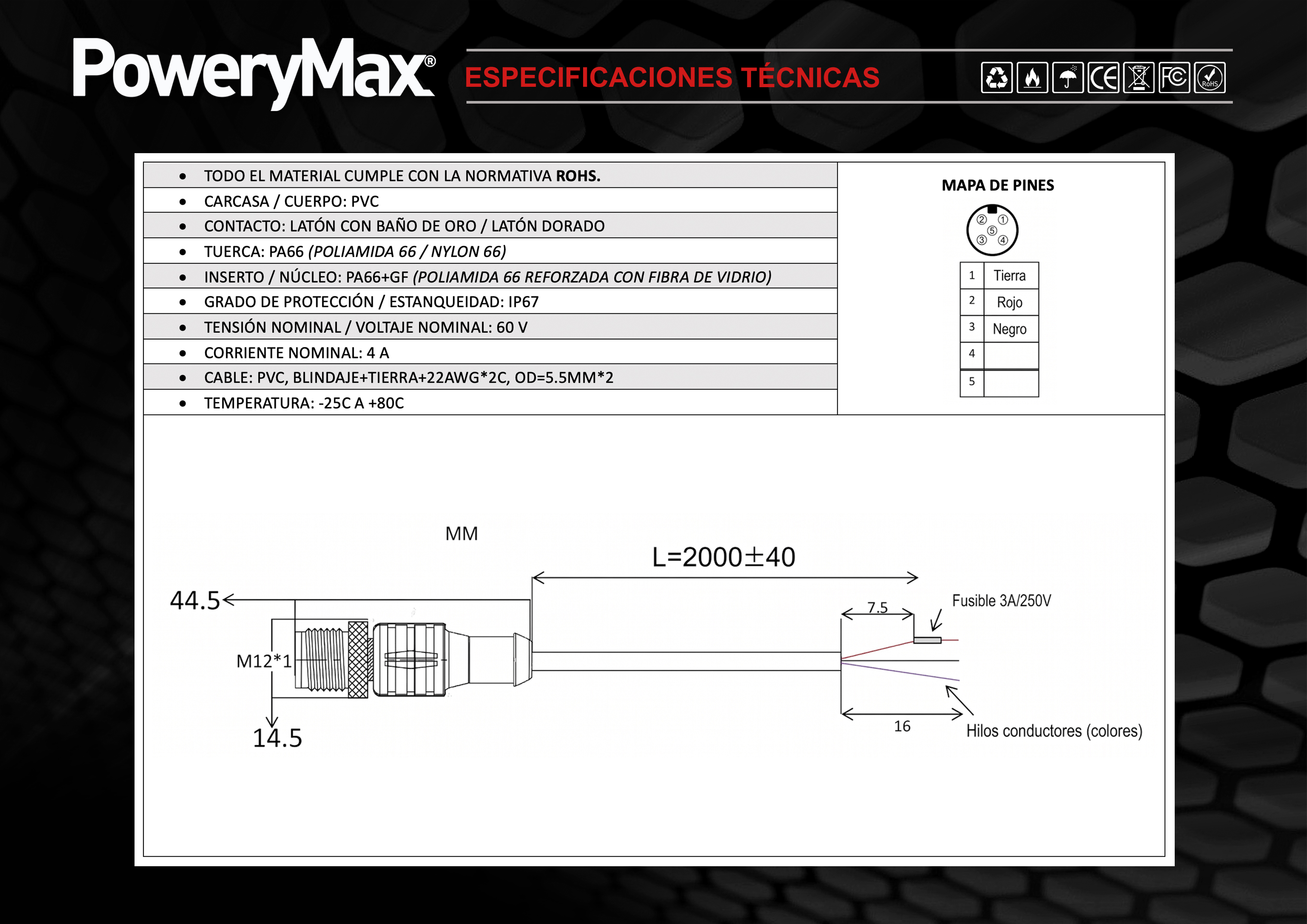 Ficha Técnica Cable Alimentación red NMEA2000 de PoweryMax. ONNautic