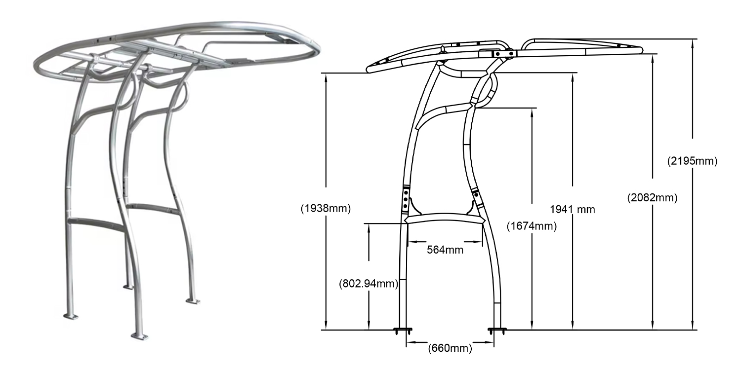 Dimensiones T-Top Universal Serie 600 de PoweryMax. ONNautic