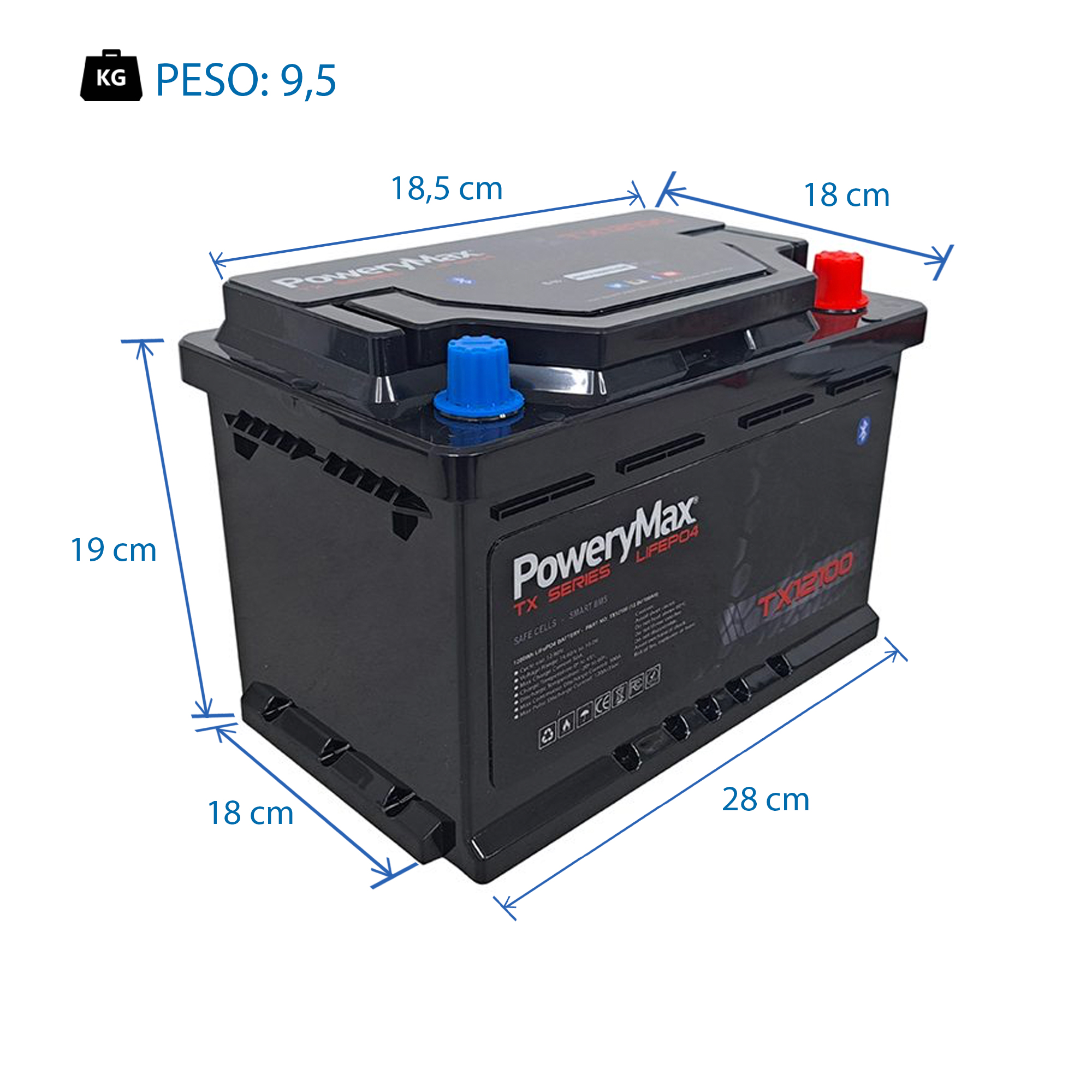 Dimensiones Batería de Litio PoweryMax TX12100.