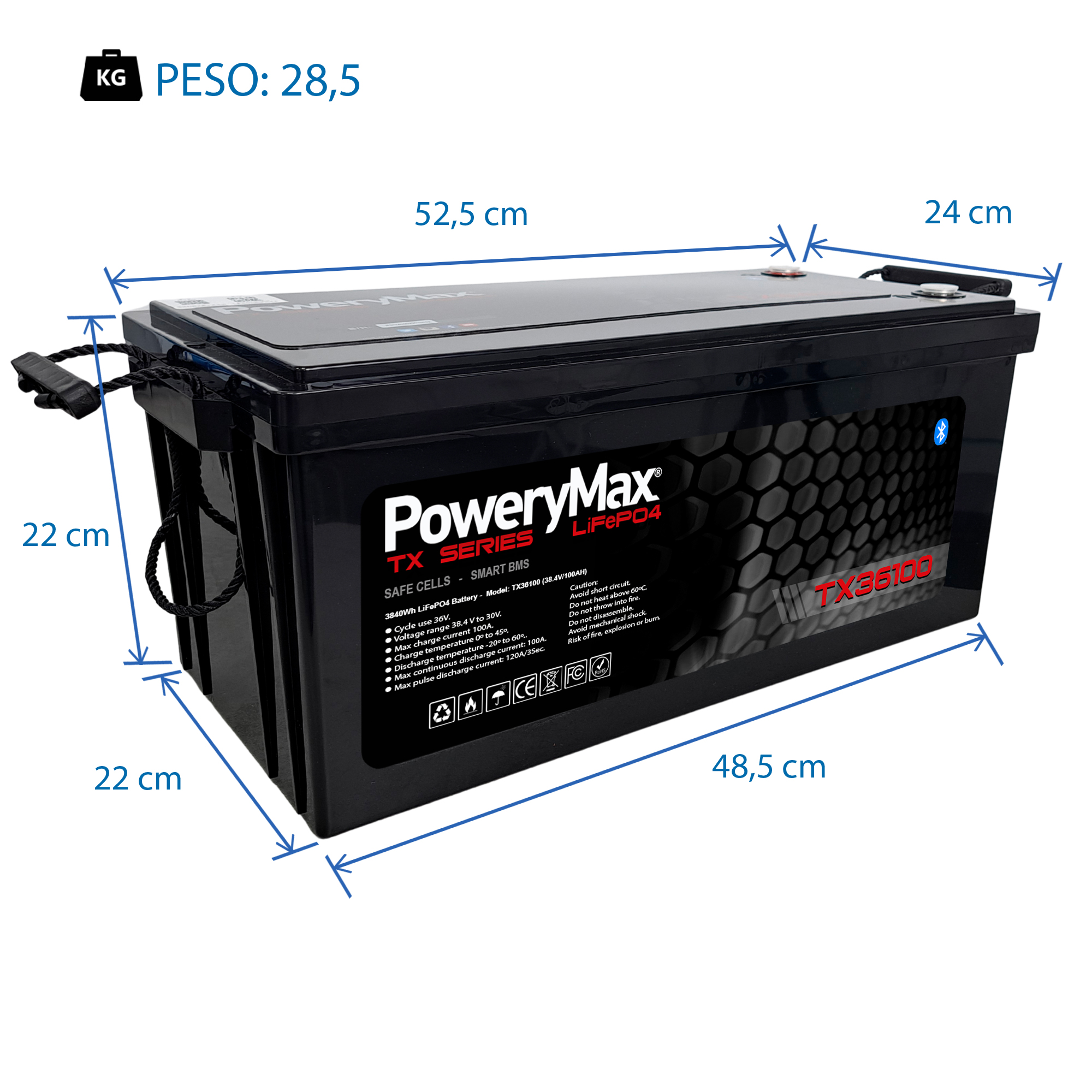 Medidas Batería de Litio LiFePO4 PoweryMax TX12100 + Cargador Inteligente. ONNautic