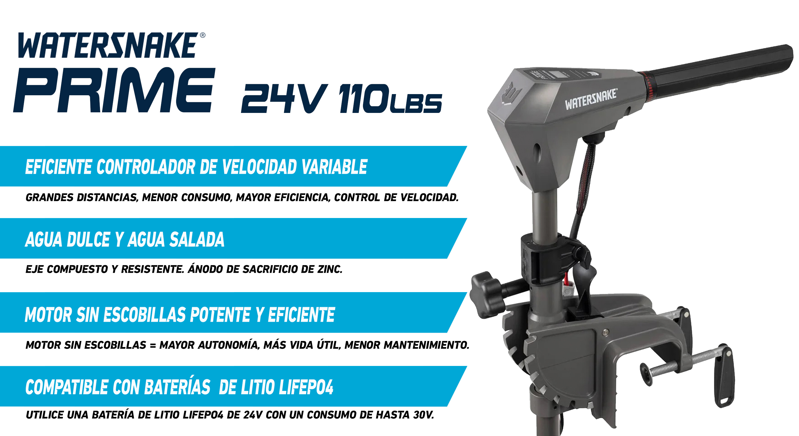 Motor eléctrico fueraborda Watersnake Prime Brushless 110lb 42" 24v. ONNautic
